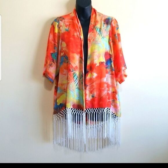 GB Orange Multicolored Kimono Fringe  Cardigan size Small - Picture 10 of 10